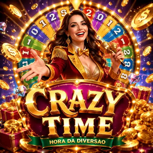 Roda gigante colorida do Crazy Time girando com o crupiê ao vivo no estúdio